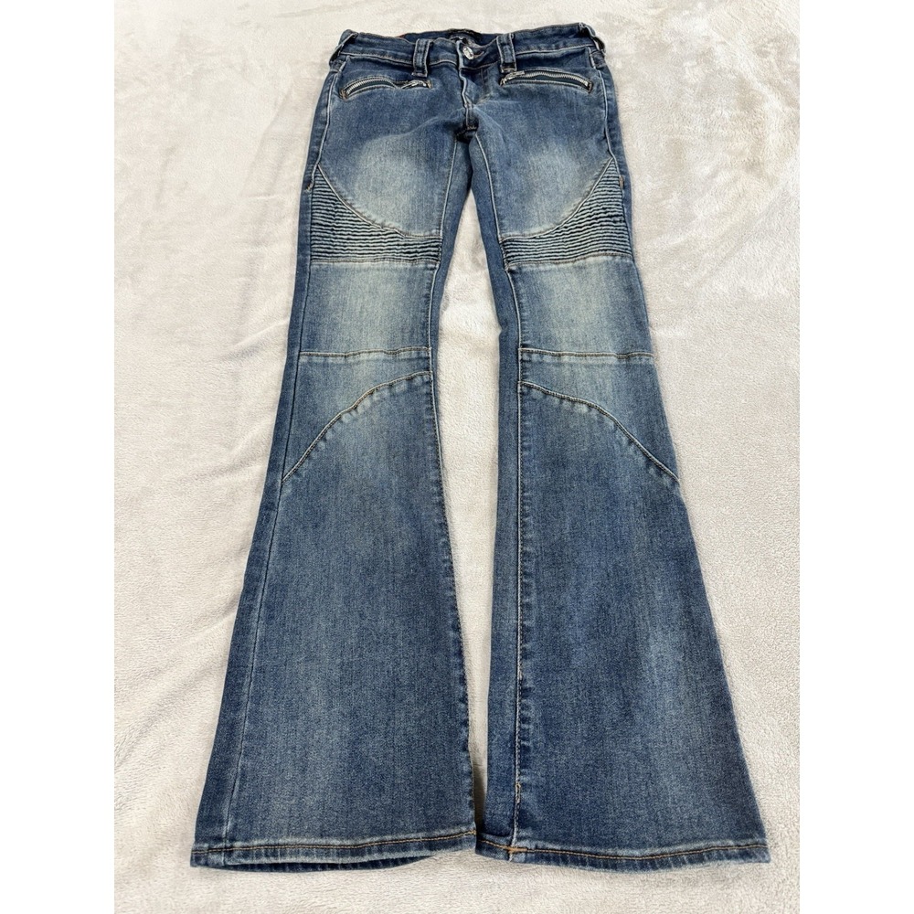 True Religion Becca Moto Flare Jeans Blue Denim Ribbed Stitch Biker Y2K Sz 25